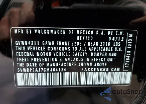 2012 Volkswagen Jetta Se z USA, uszkodzony, nr VIN 3VWDP7AJ7CM404134